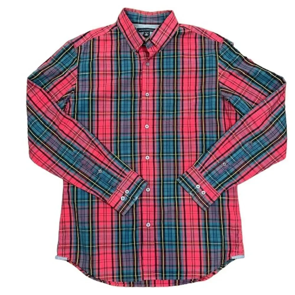 Banana Republic Men's Plaid‎ Button Down Shirt Contrast Cuff Red Green Medium